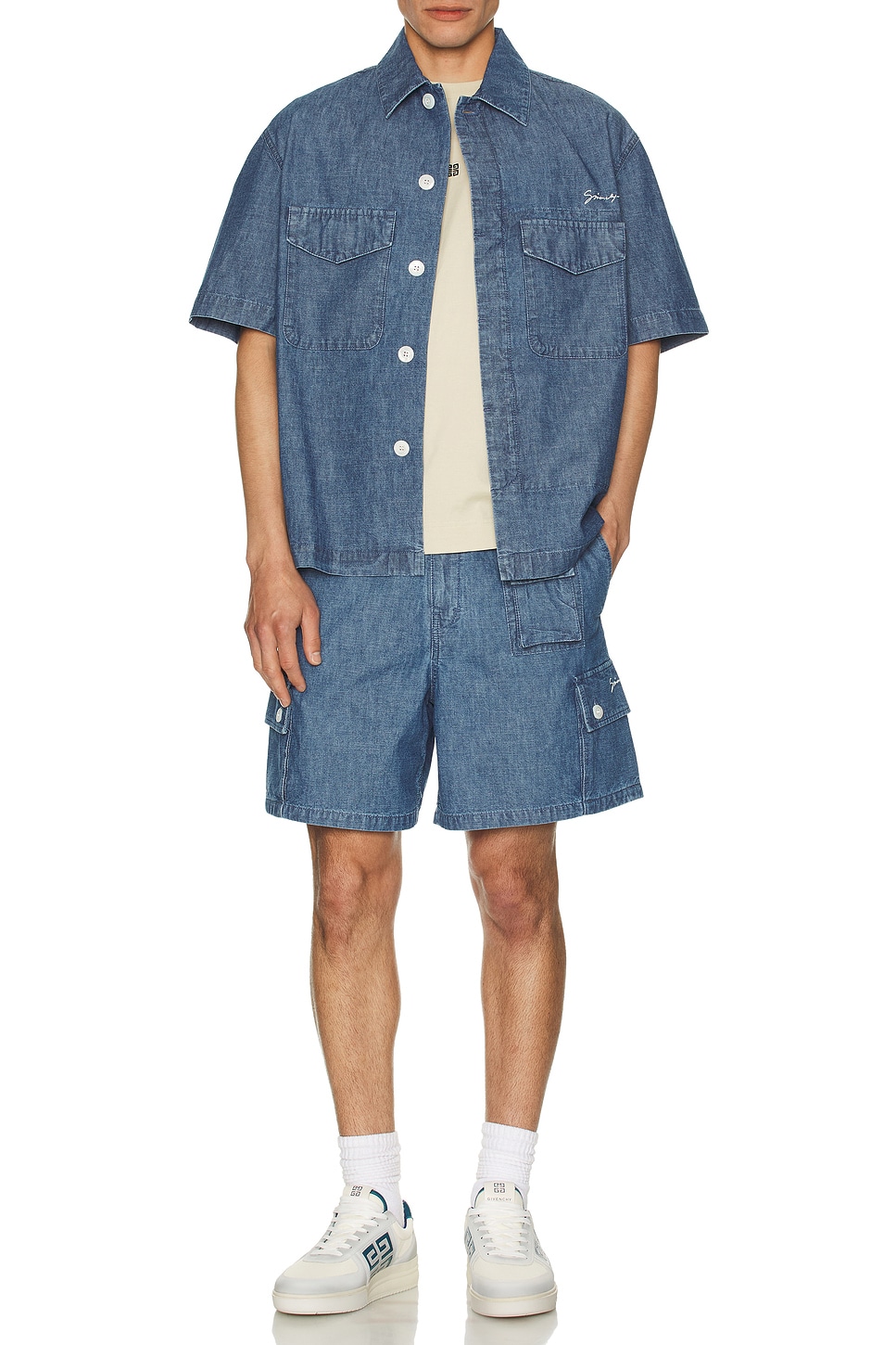 Image 1 of Givenchy Chambray Cargo Shorts in Denim Blue