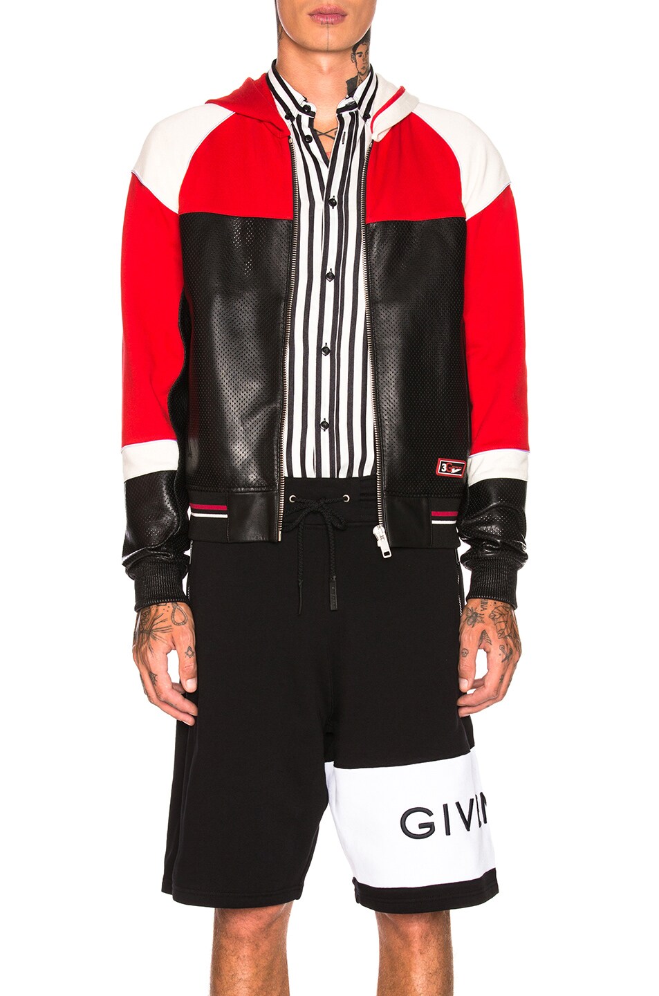 Image 1 of Givenchy Perforated Leather Felpa Hoodie in Black & Red & White