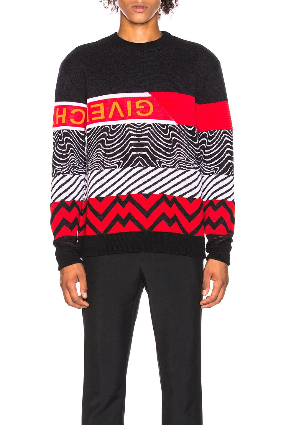 Image 1 of Givenchy Mixed Media Logo Knit in Black & White & Red