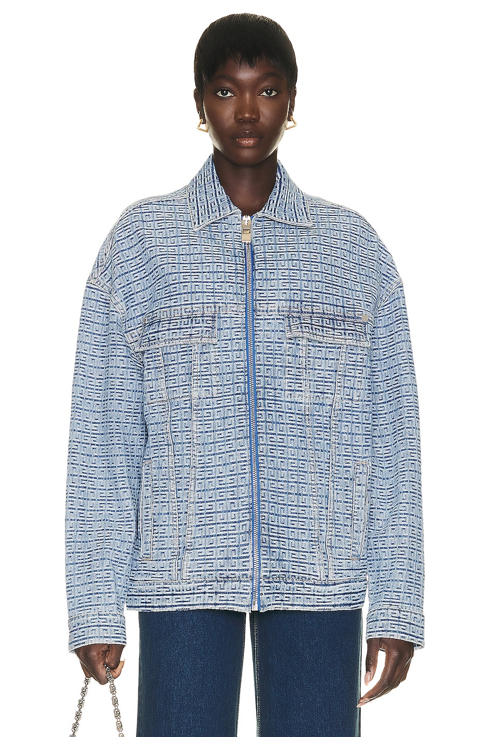 Image 1 of Givenchy Oversized Fit 4g Rivet Zip Denim Jacket in Light Blue