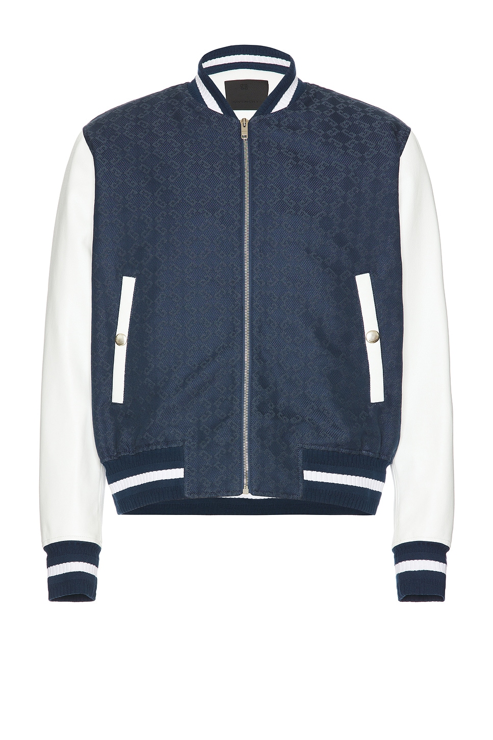 Image 1 of Givenchy Mixed Material Varsity Jacket in Navy & White