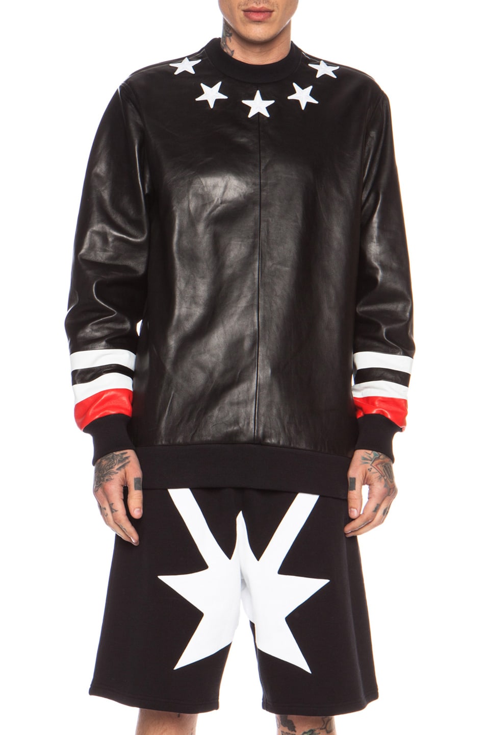 Image 1 of Givenchy Star Neck Leather Sweatshirt with Stripe Cuff in Black