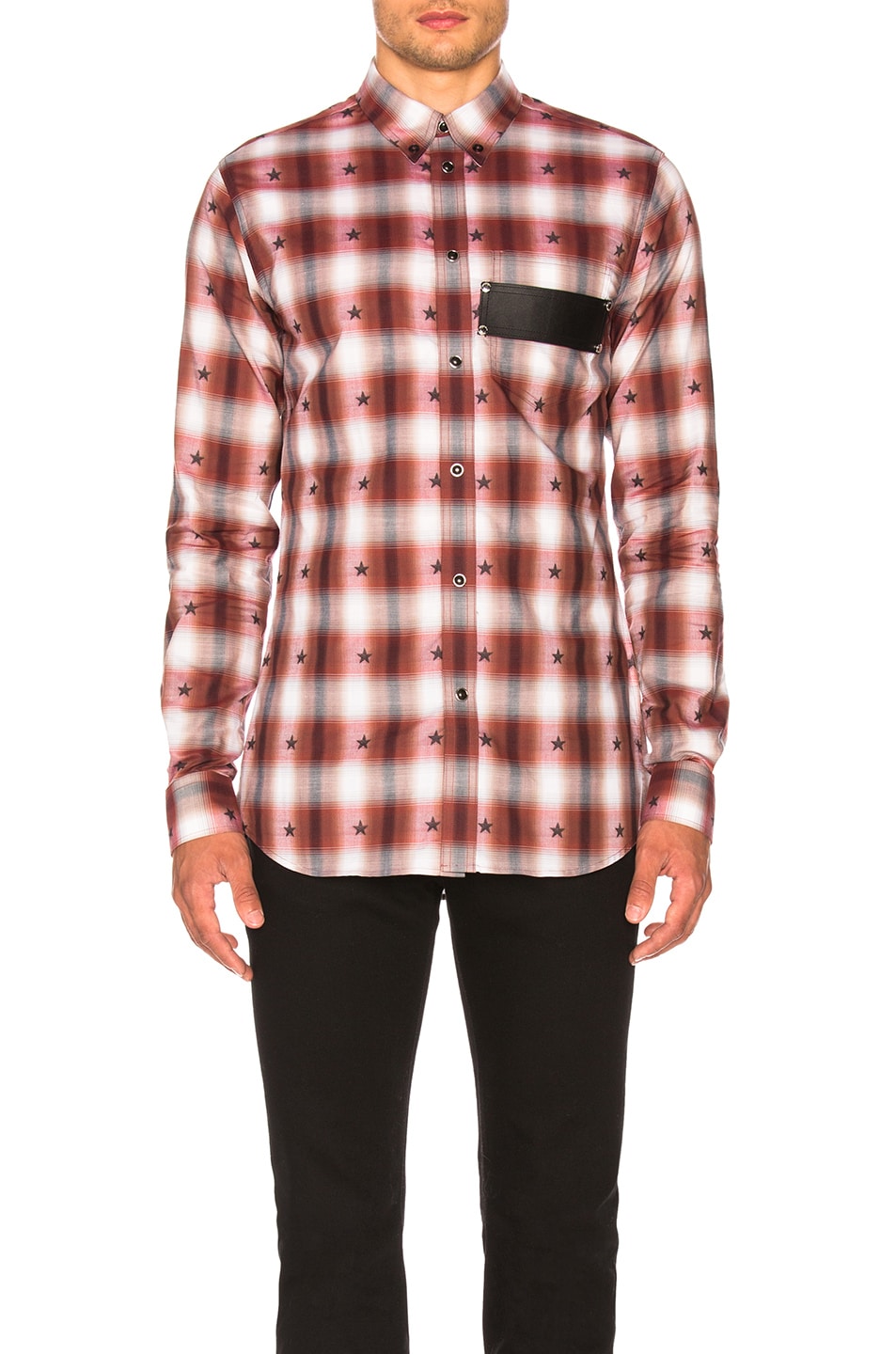 Image 1 of Givenchy Check Shirt with Leather Logo Band in Black & Red