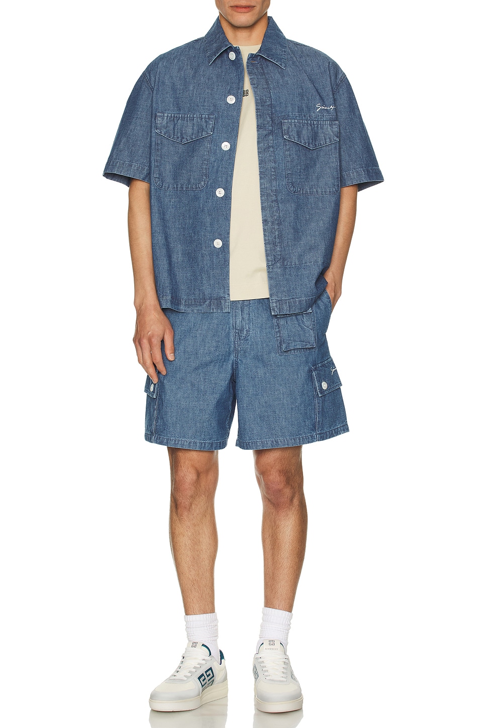 Image 1 of Givenchy Short Sleeve Chambray Shirt in Denim Blue