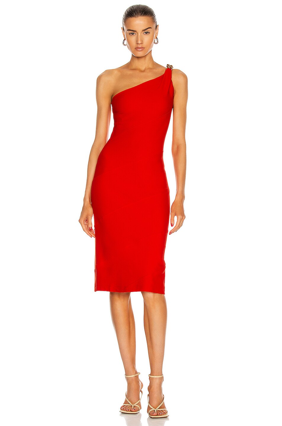Image 1 of Givenchy One Shoulder Spiral Chain Dress in Poppy Red