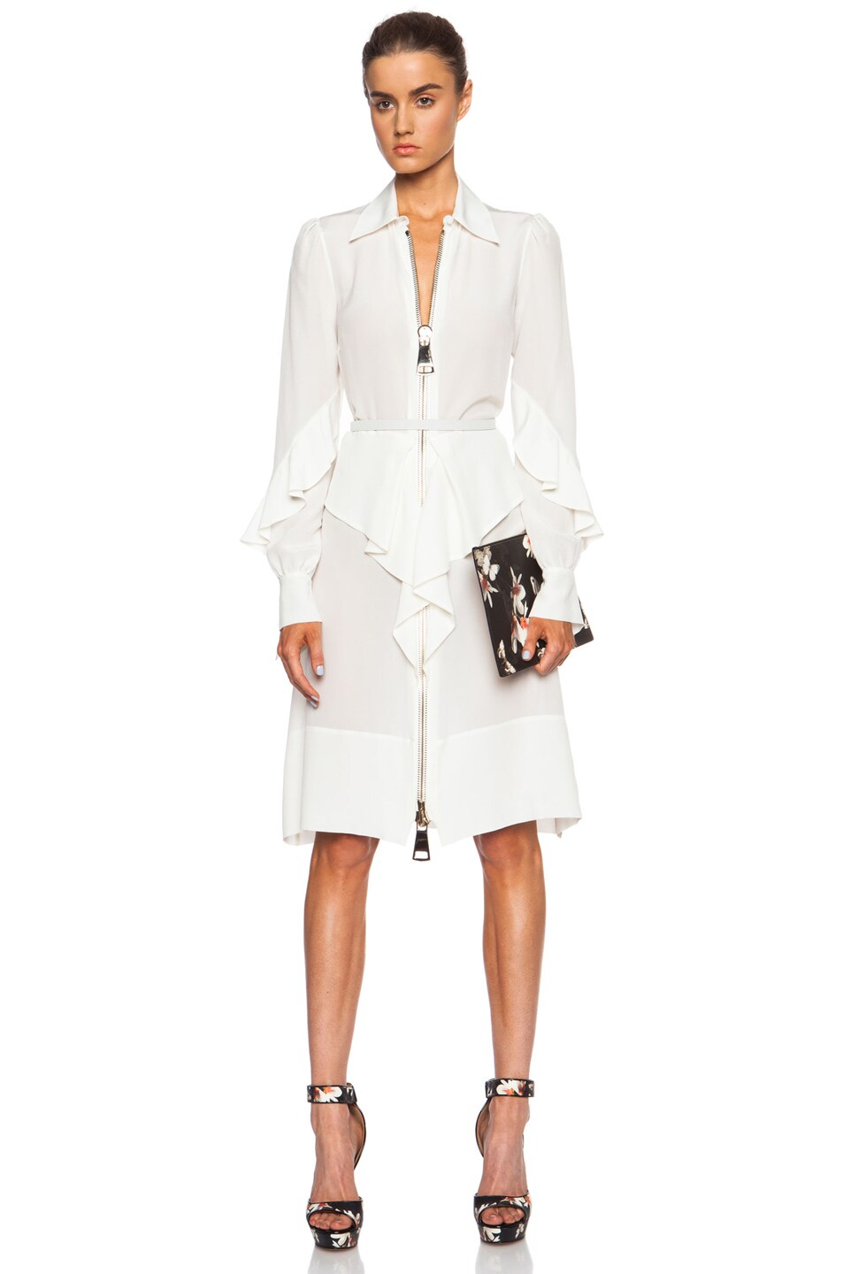 Image 1 of Givenchy Zip Front Ruffle Silk Dress in Ecru