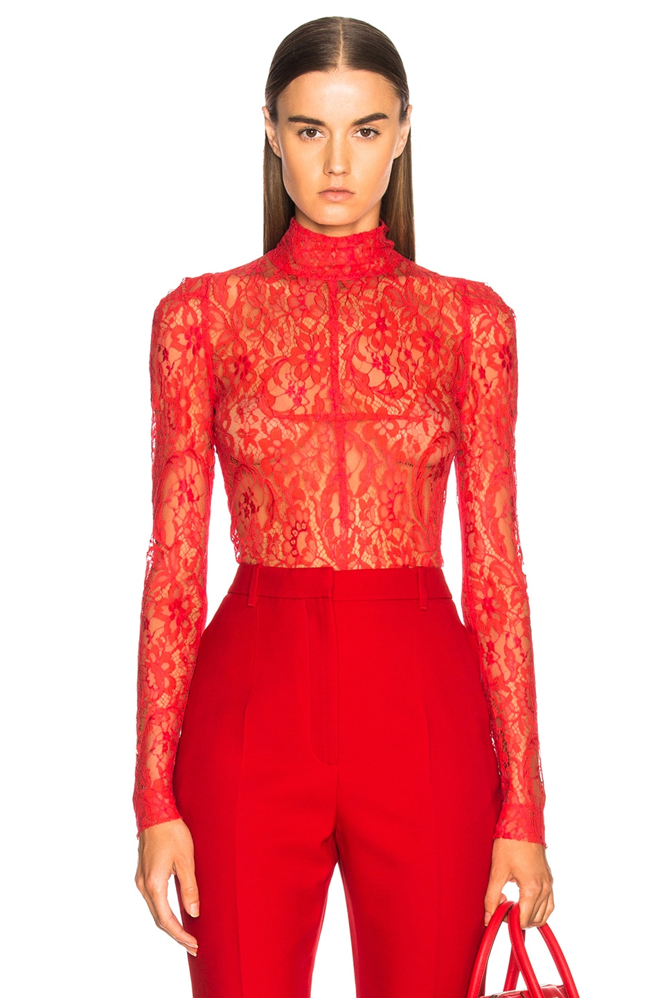 Image 1 of Givenchy Lace Long Sleeve Turtleneck Bodysuit in Red