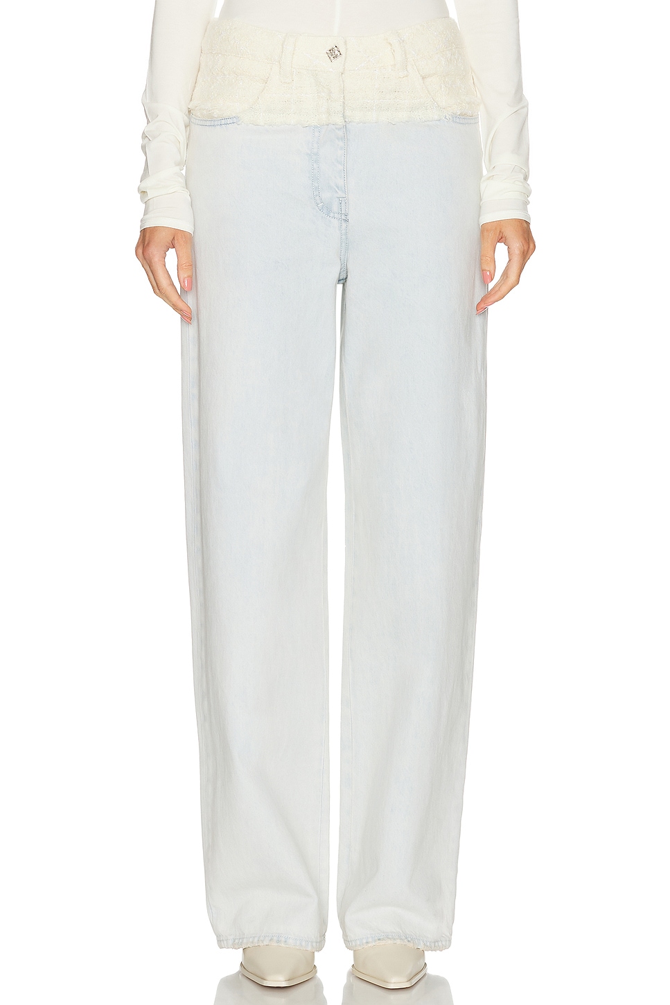 Image 1 of Givenchy Mixed Denim Wide Leg in White & Light Blue