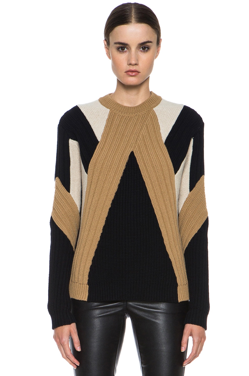 Image 1 of Givenchy Crew Neck Ribbed Wool-Blend Pullover in Black & Beige