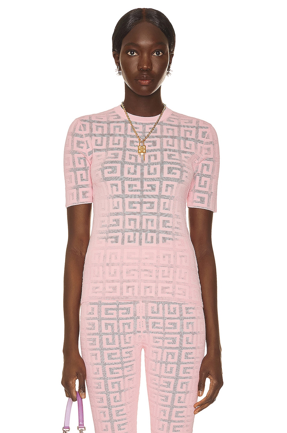 Image 1 of Givenchy 4G Lace Crew Neck Short Sleeve Sweater in Light Pink