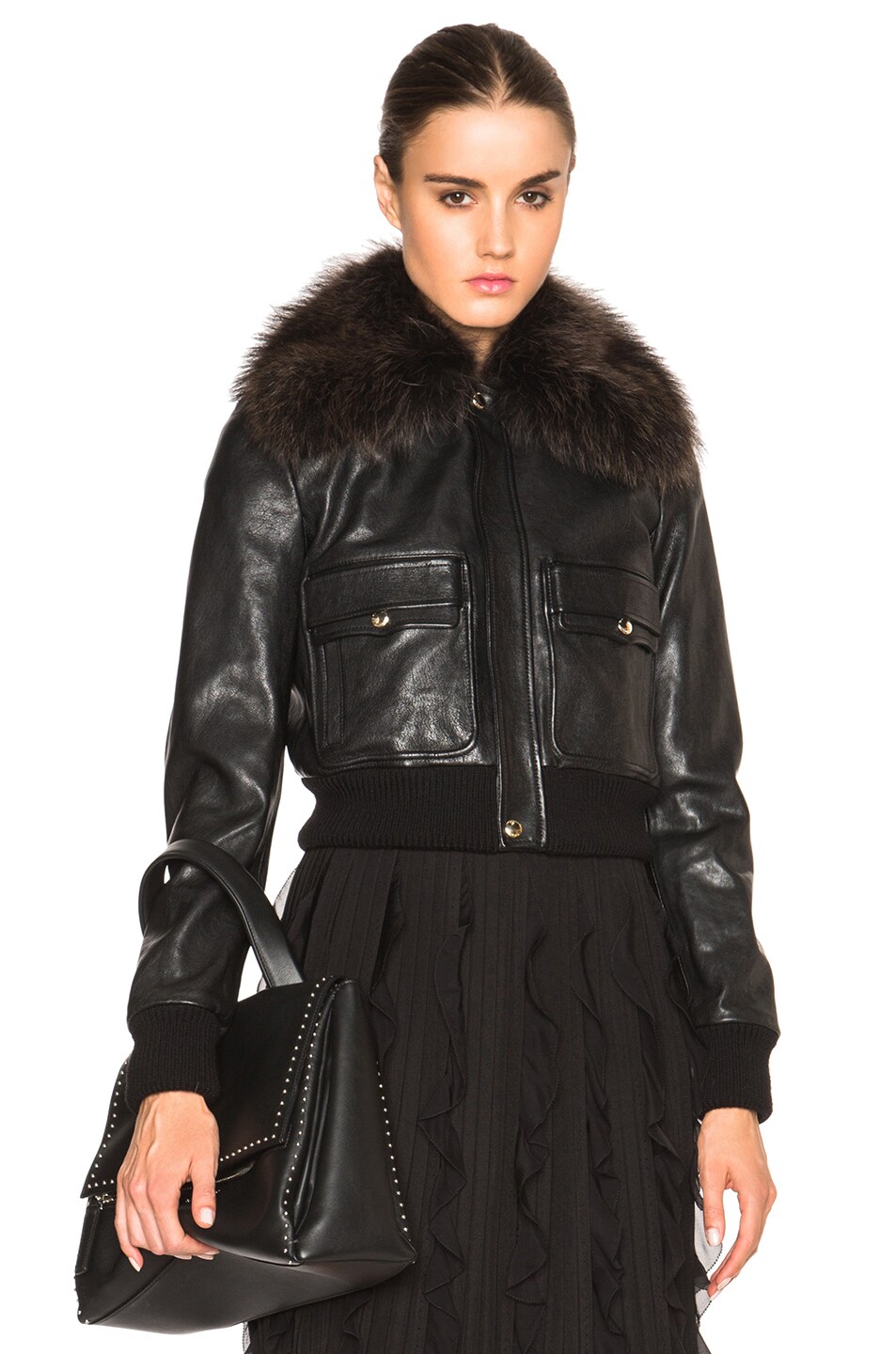 Image 1 of Givenchy Leather Bomber with Marmont Raccoon Fur Collar in Black