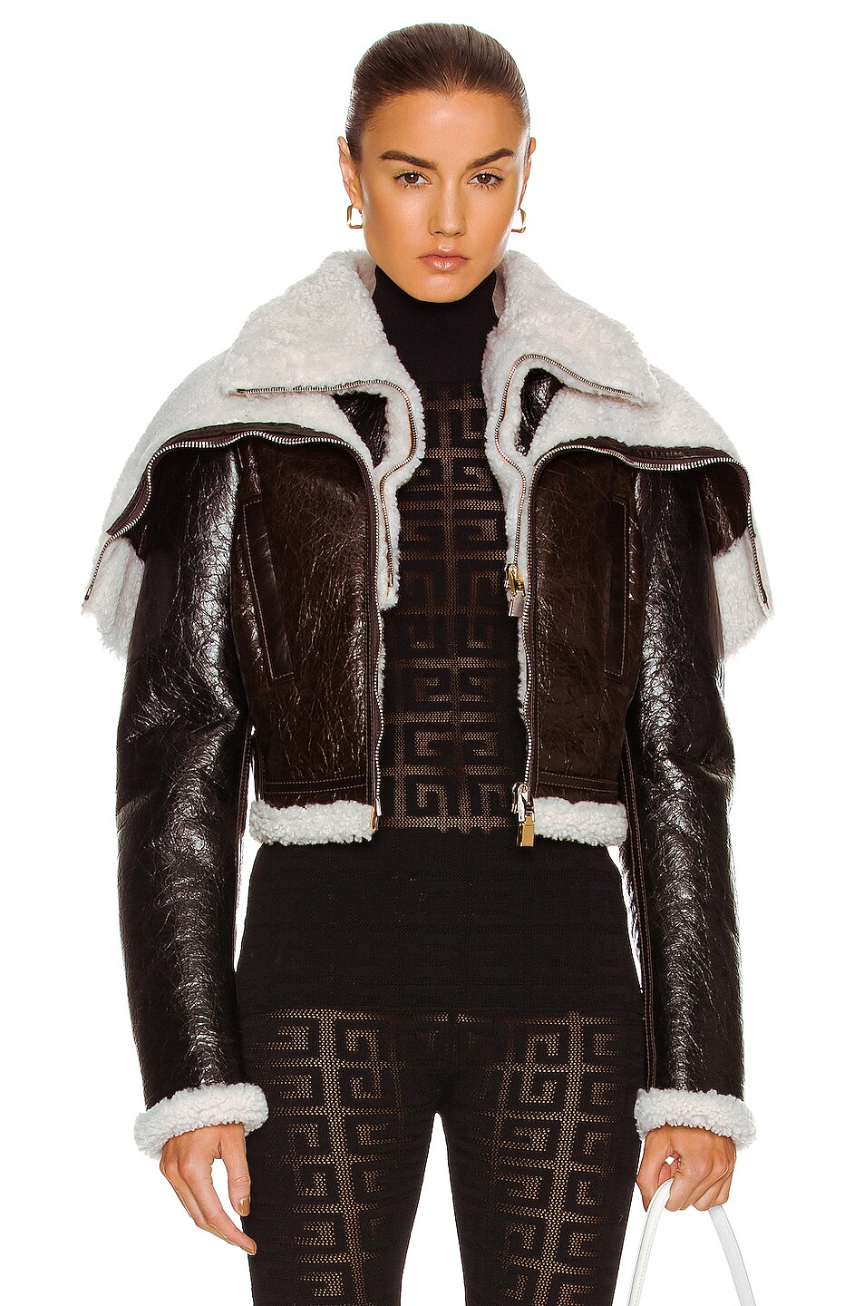 Image 1 of Givenchy Shearling Cropped Jacket in Black & Beige