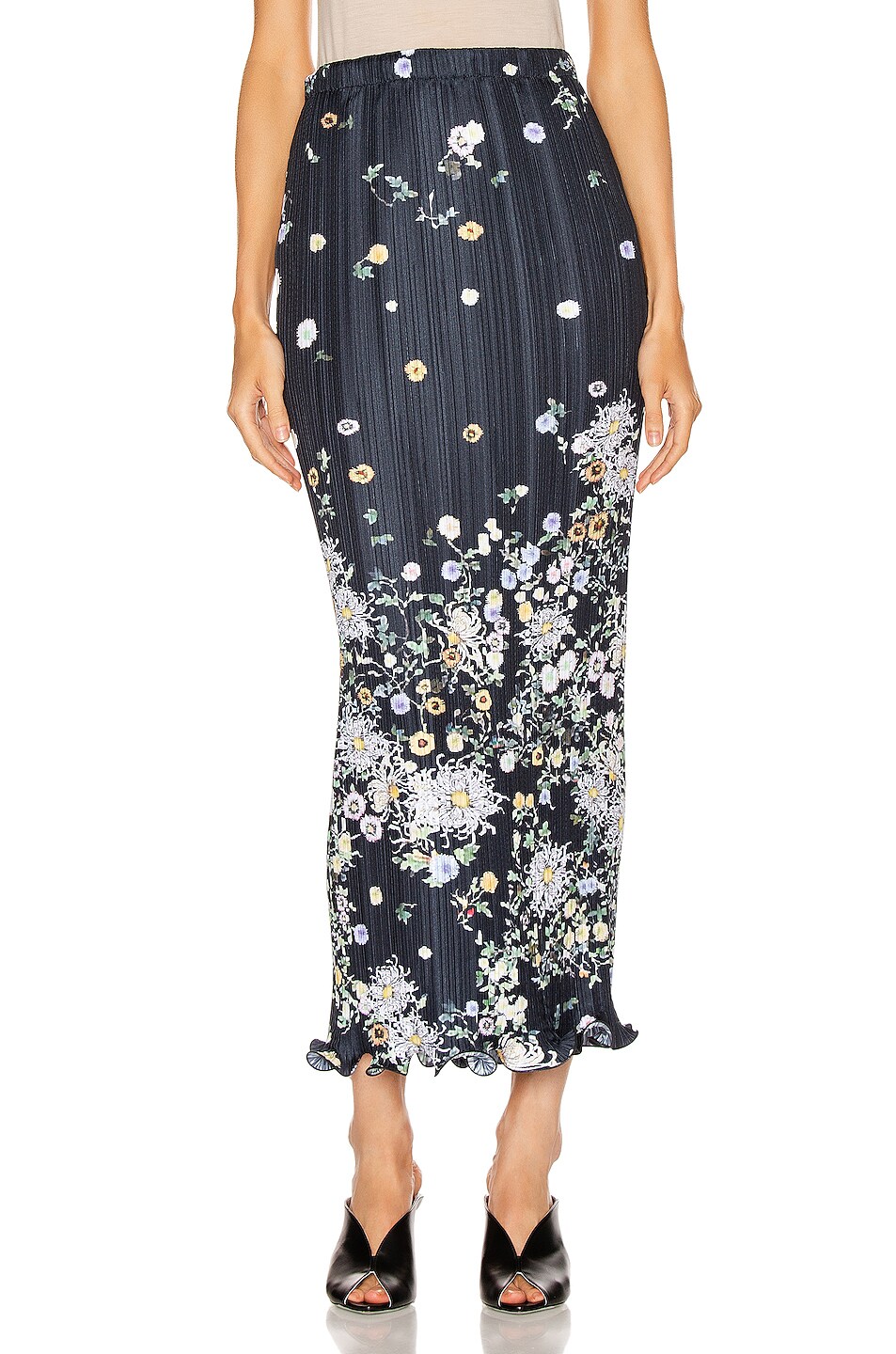 Image 1 of Givenchy Long Pleated Wave Details Skirt in Navy & Yellow