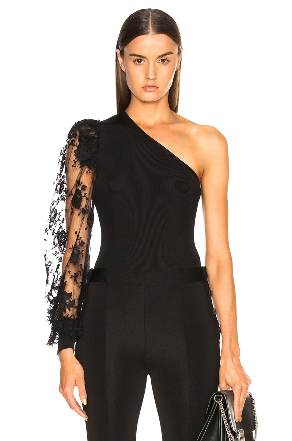 Image 1 of Givenchy Lace Sleeve One Shoulder Top in Black