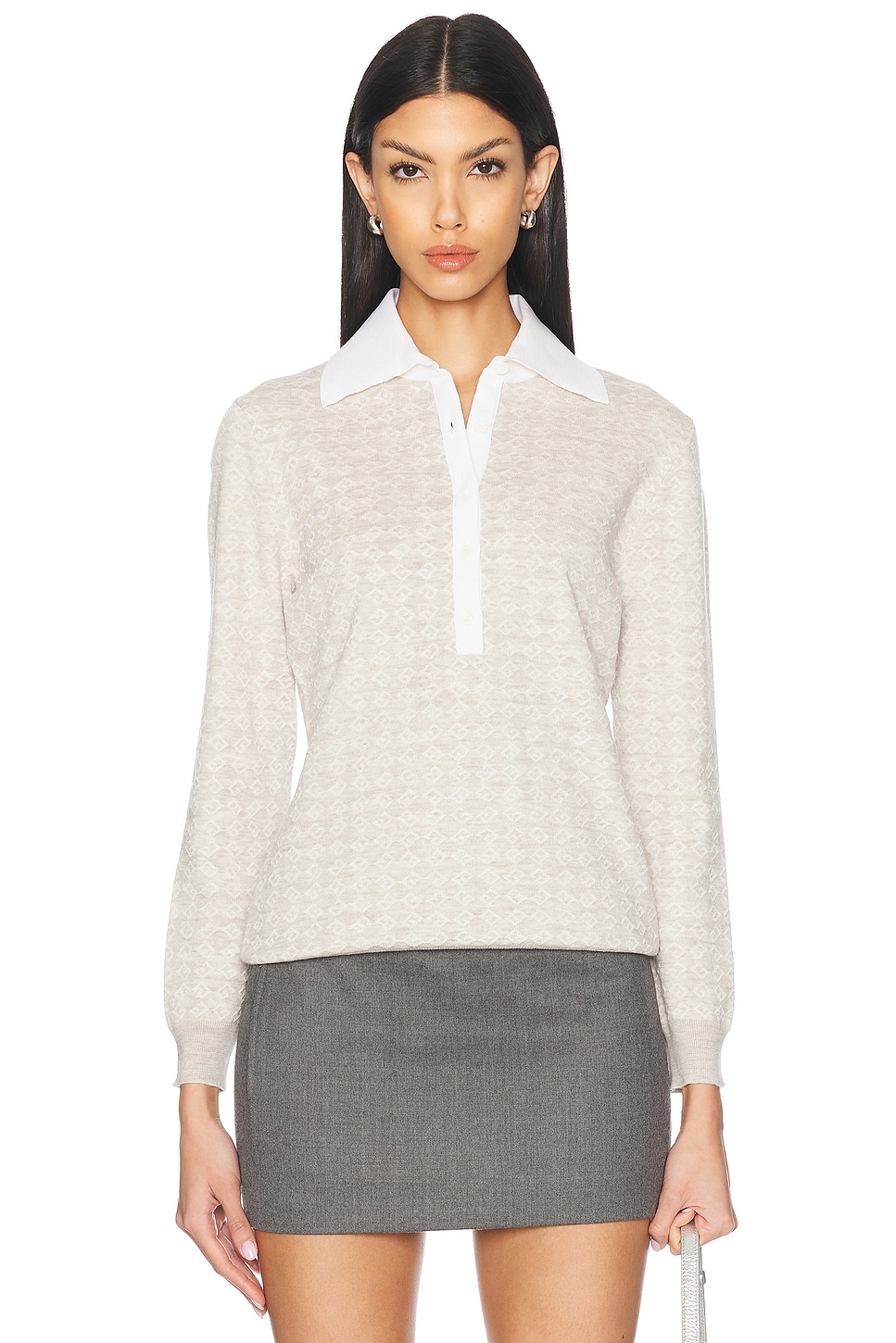 Long Sleeve Polo Top in Beige