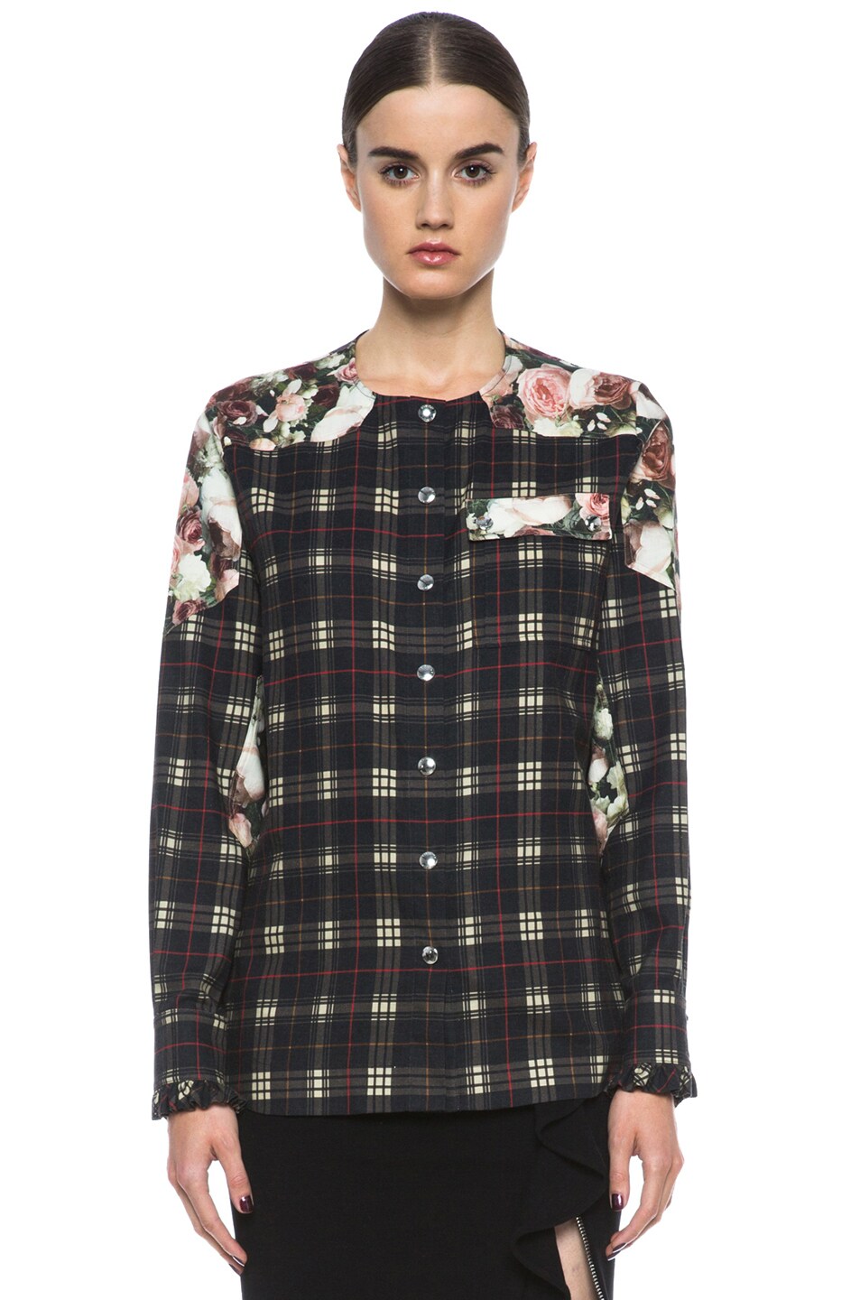 Image 1 of Givenchy Ruffle Cuff Check & Floral Cotton-Blend Shirt in Black & Green Multi