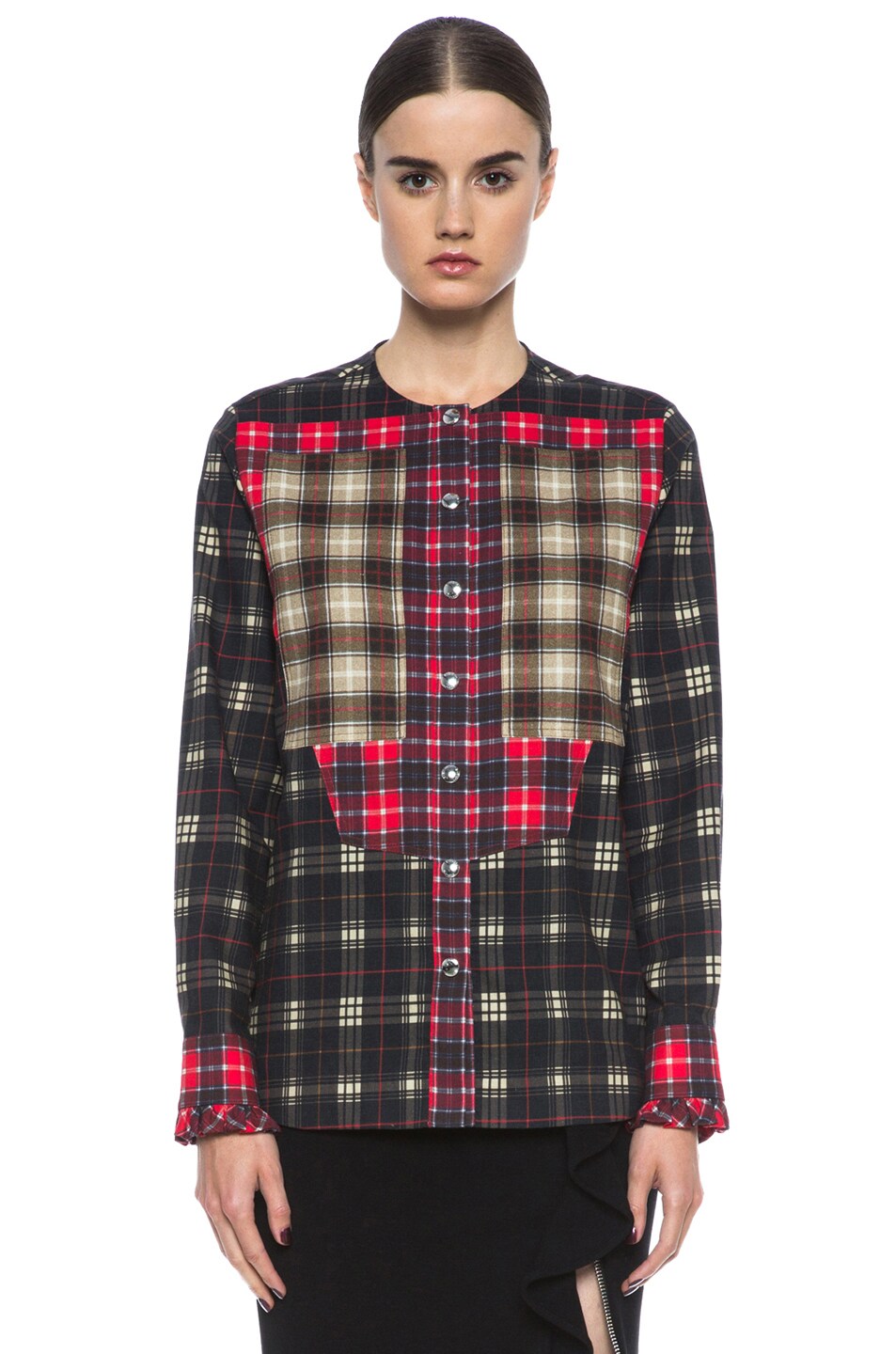 Image 1 of Givenchy Ruffle Cuff Varied Check Cotton-Blend Shirt in Black Multi