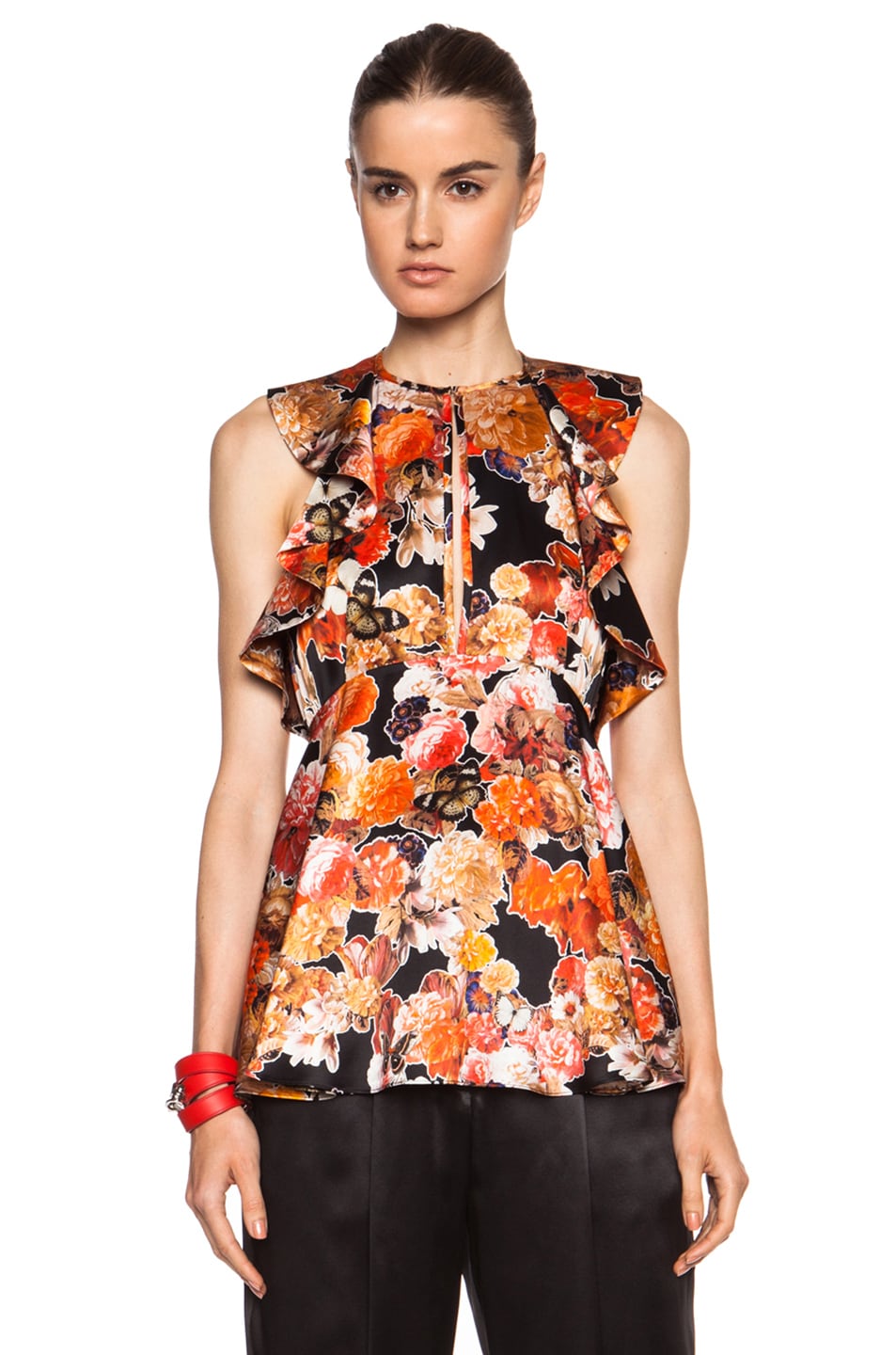 Image 1 of Givenchy Ruffle Sleeve Floral Print Silk Top in Black