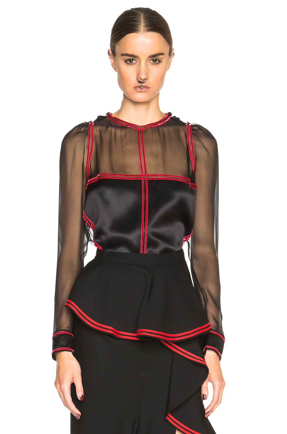 Image 1 of Givenchy Silk Satin & Chiffon Blouse in Black & Red