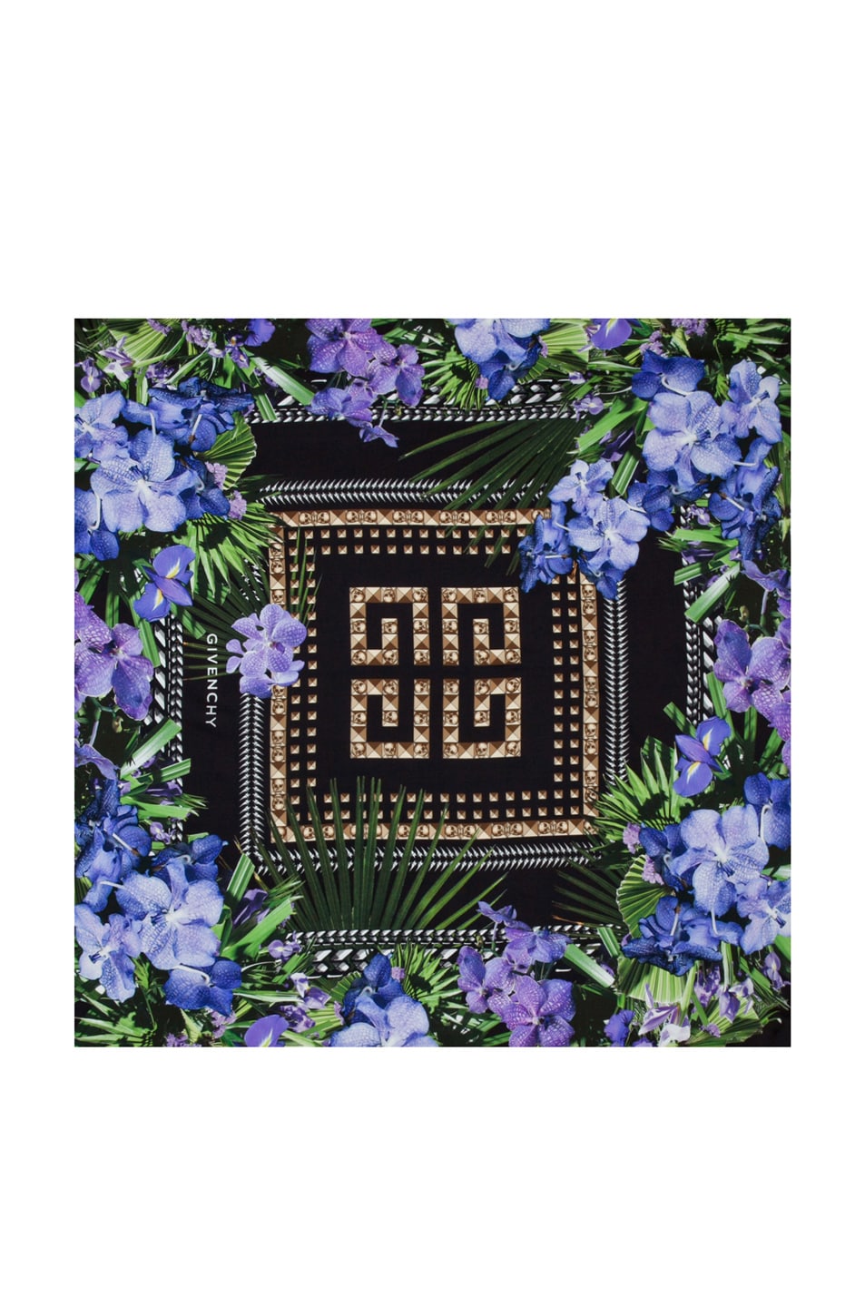 Image 1 of Givenchy Studs and Flowers Silk Scarf in Black & Purple
