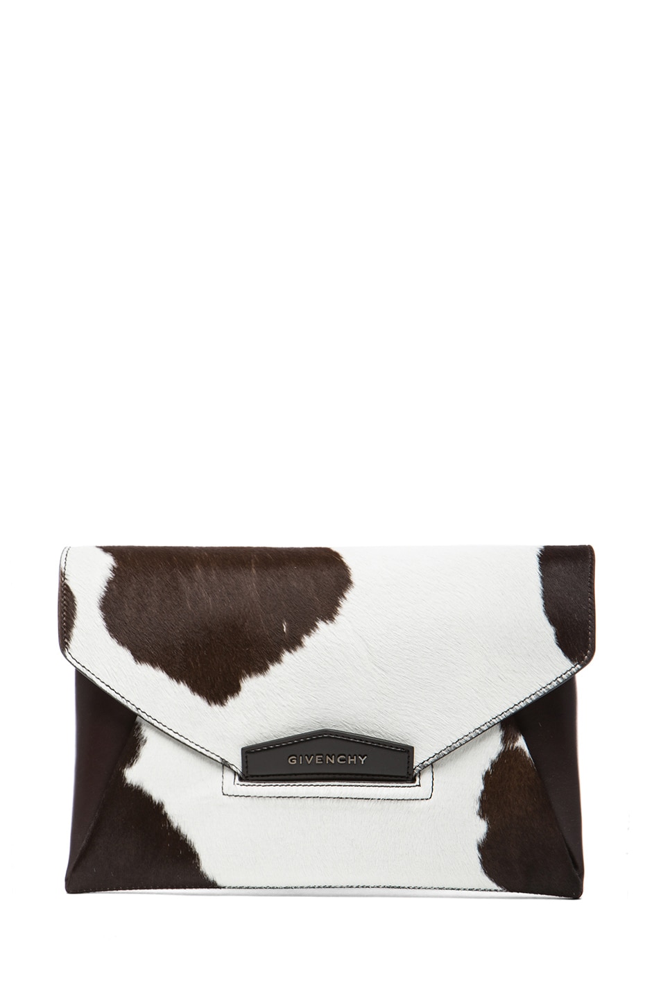 Image 1 of Givenchy Medium Antigona Cow Print Hair Calf Envelope Clutch in Dark Brown