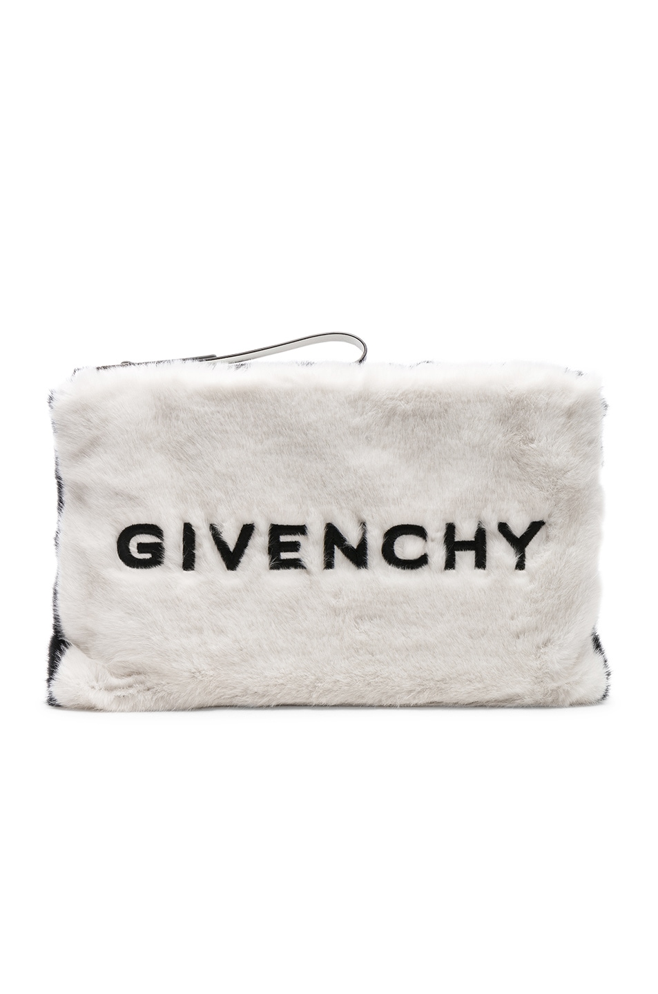 Image 1 of Givenchy Large Faux Fur GV3 Logo Pouch in White & Black