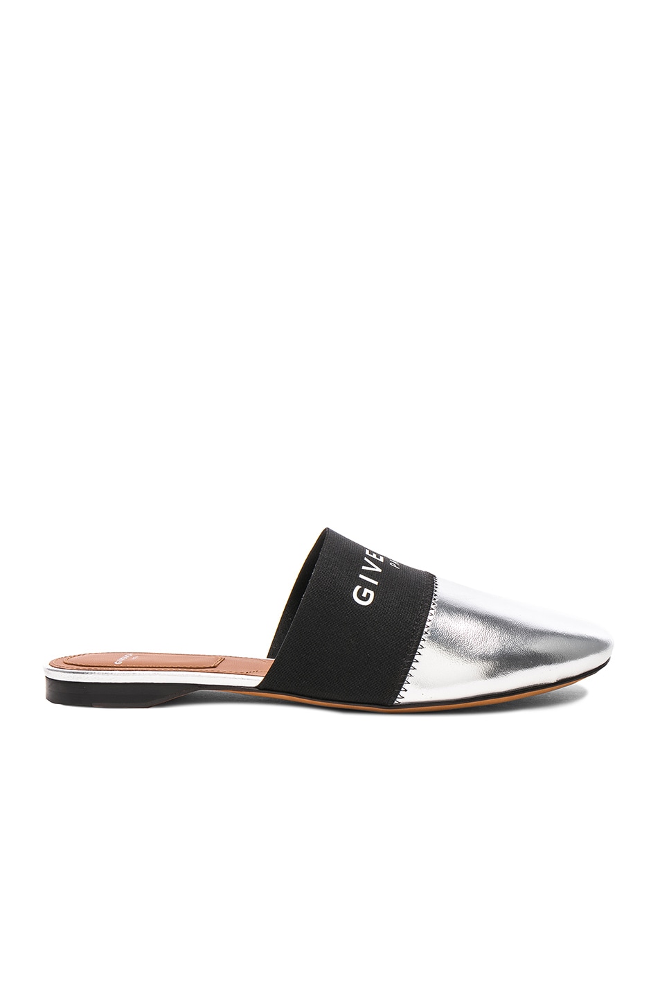 Image 1 of Givenchy Leather Bedford Logo Trim Flat Mules in Silver & Black