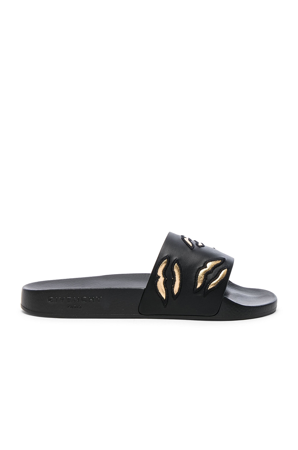 Image 1 of Givenchy Rubber Lip Embroidered Slides in Black & Gold