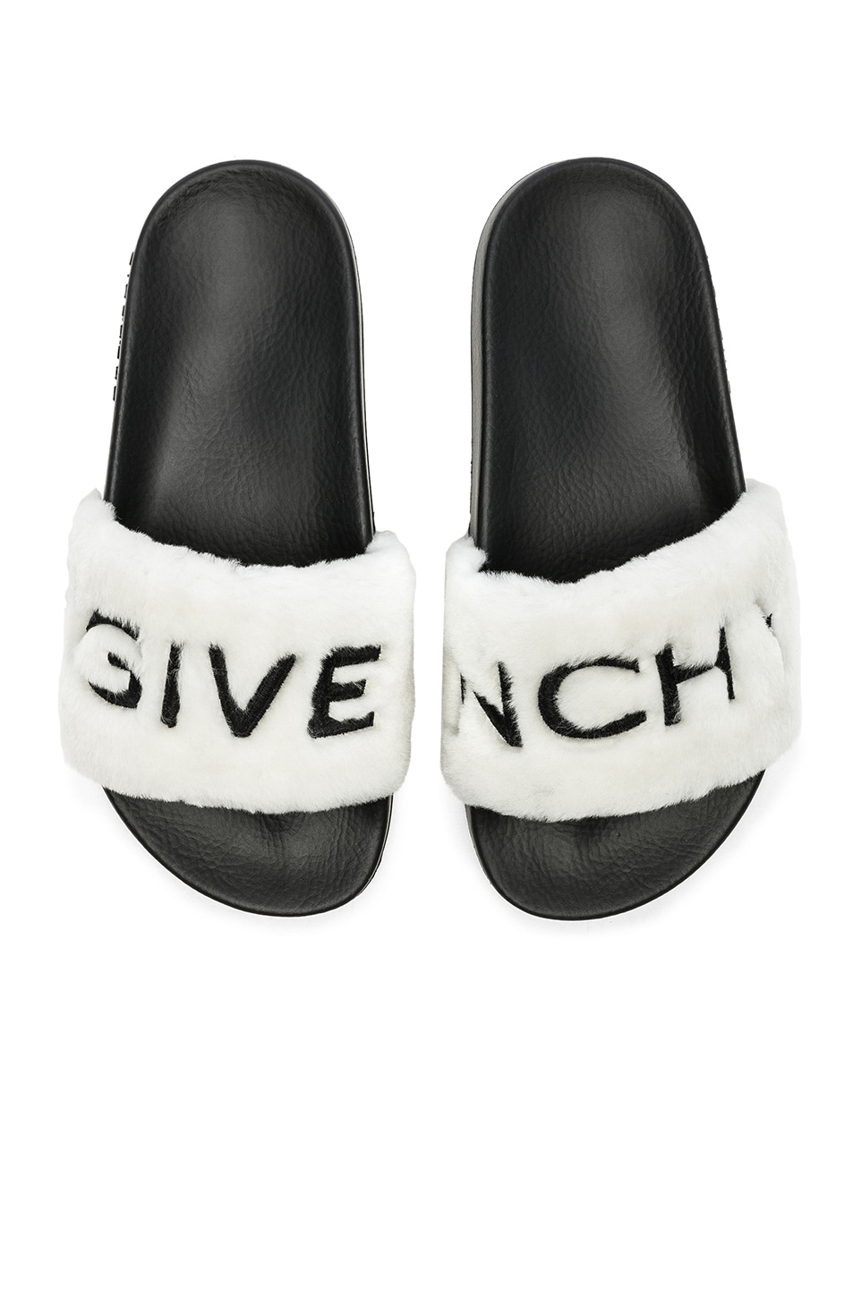 Image 1 of Givenchy Lamb Shearling Logo Slides in White & Black