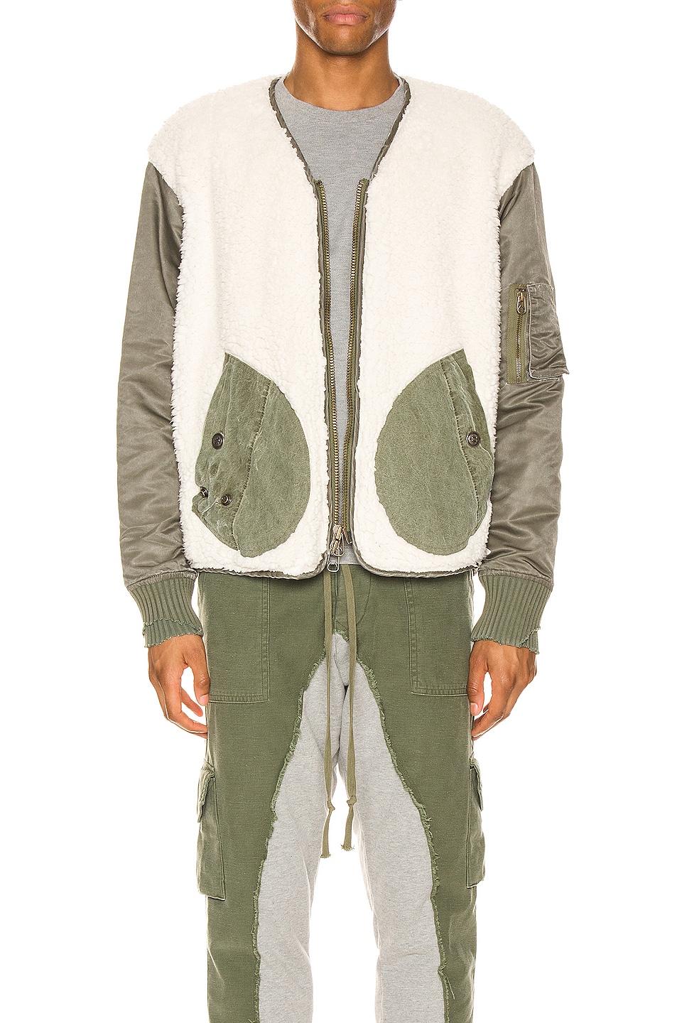 Image 1 of Greg Lauren Sherpa Washed Modern Flight Jacket in Ivory & Army