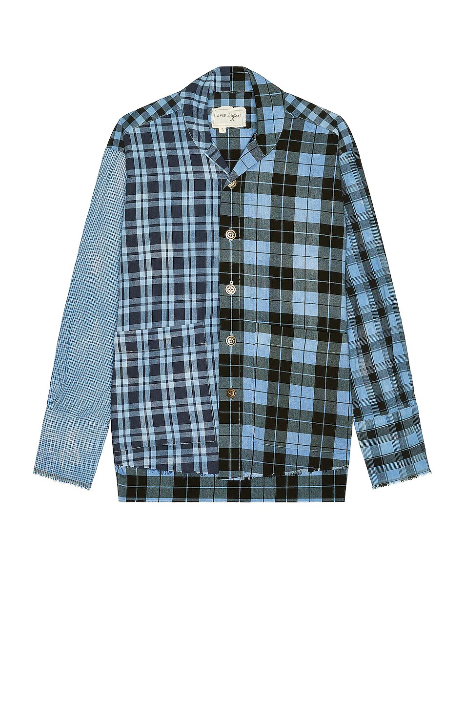 Image 1 of Greg Lauren Mixed Plaid Collared Shawl in Blue