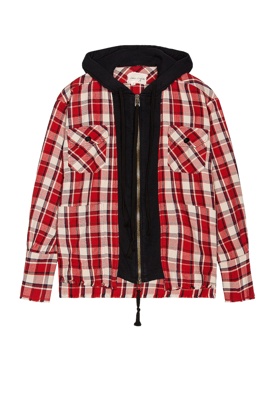 Image 1 of Greg Lauren Cherry Hoodie Front Boxy Shirt in Red Plaid