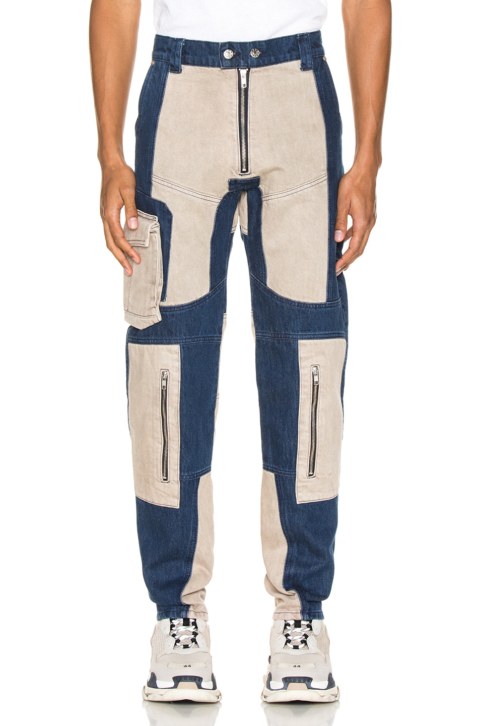 Image 1 of GmbH High Waisted Two-Tone Patchwork Jeans in Navy & Beige