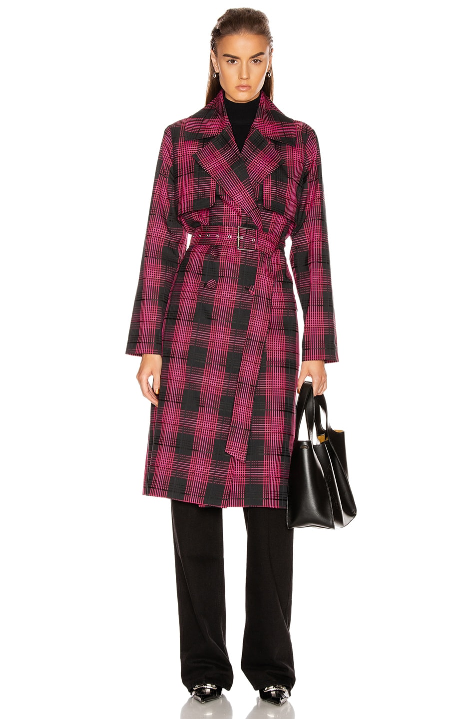 Image 1 of GRLFRND Taylor Midi Trench Coat in Black & Pink Plaid
