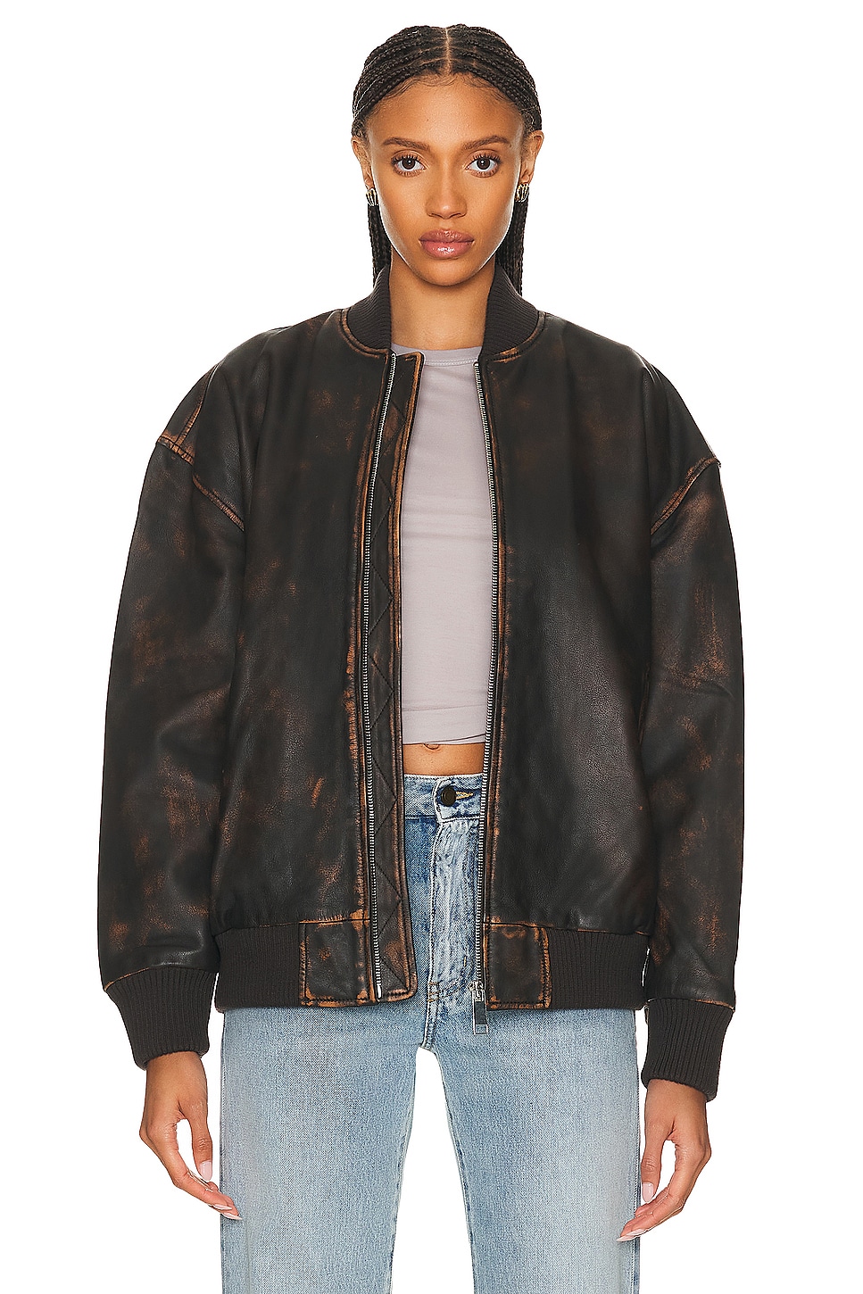 Image 1 of GRLFRND Distressed Leather Oversized Bomber in Chocolate Brown