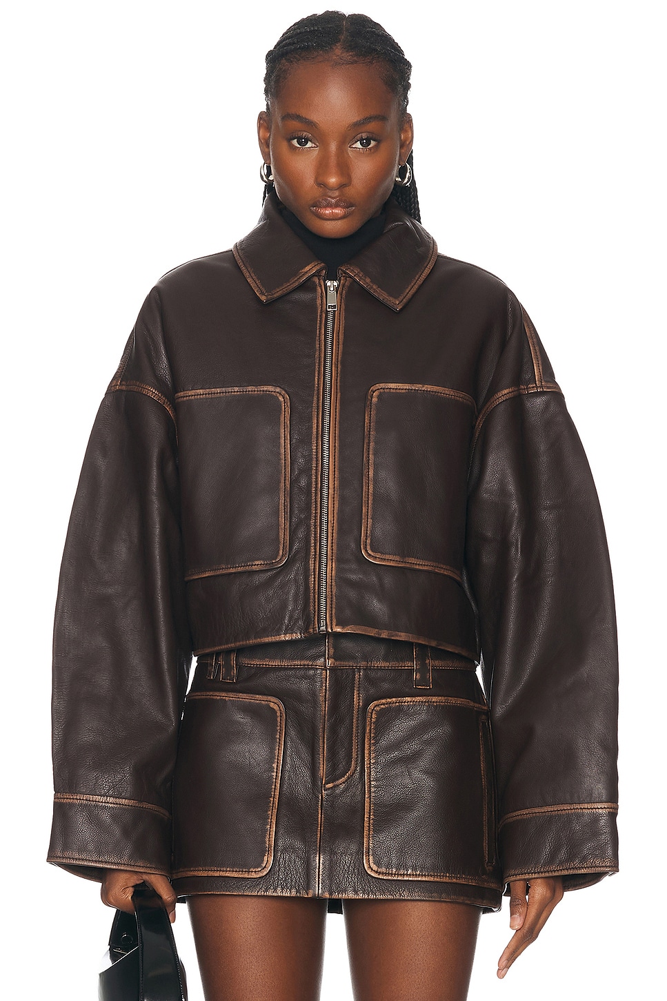 Image 1 of GRLFRND Cropped Leather Patch Pocket Jacket in Brown