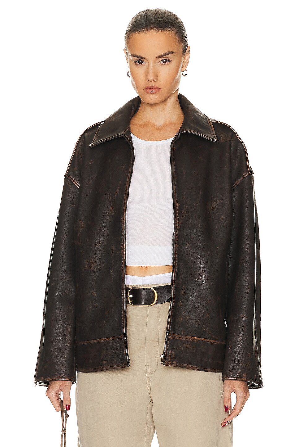 GRLFRND Alek Distressed Leather Jacket in Brown | FWRD