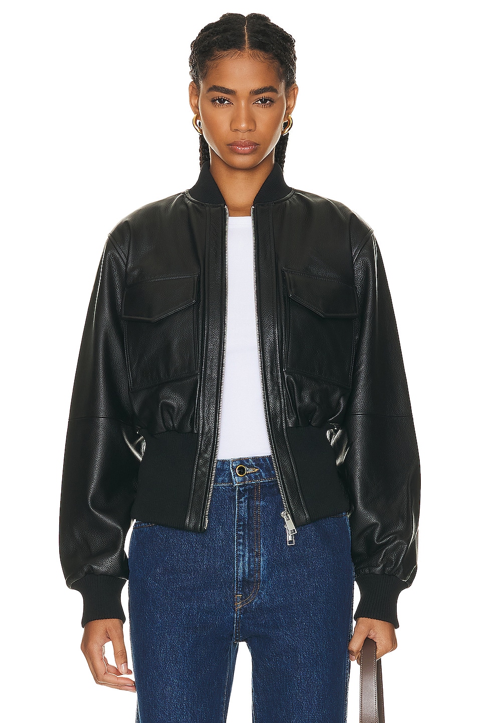 The Cropped Leather Bomber in Black