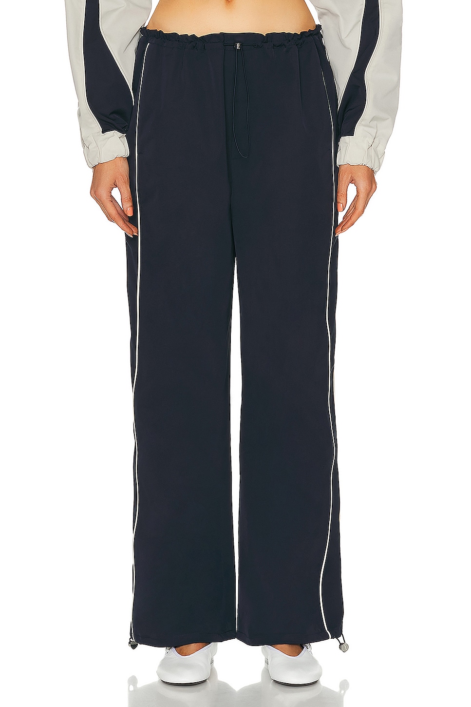 Image 1 of GRLFRND Cinched Waist Wide Leg Pant in Navy & Ivory