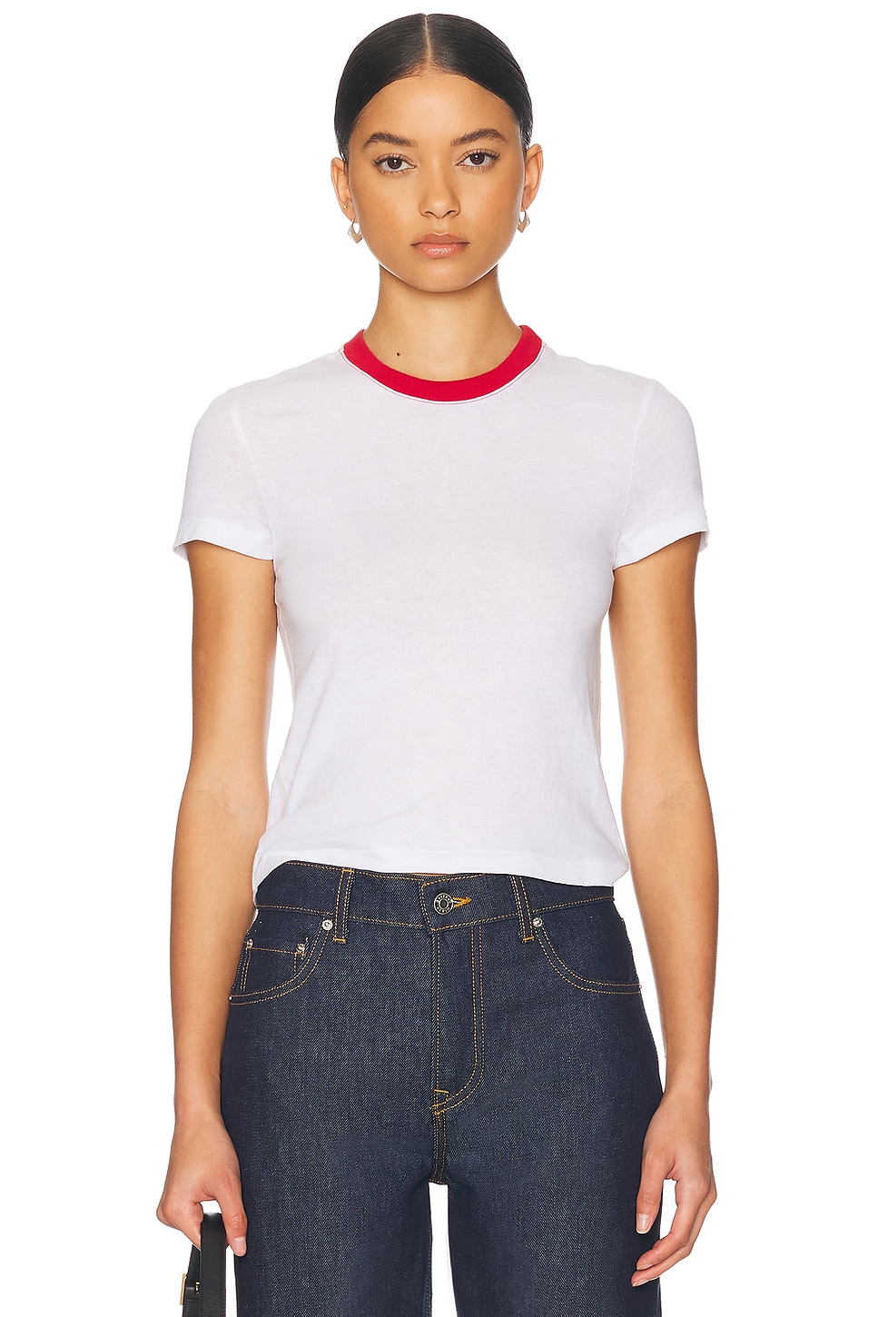 Image 1 of GRLFRND Crew Neck Short Sleeve Baby Tee in White & Vintage Red