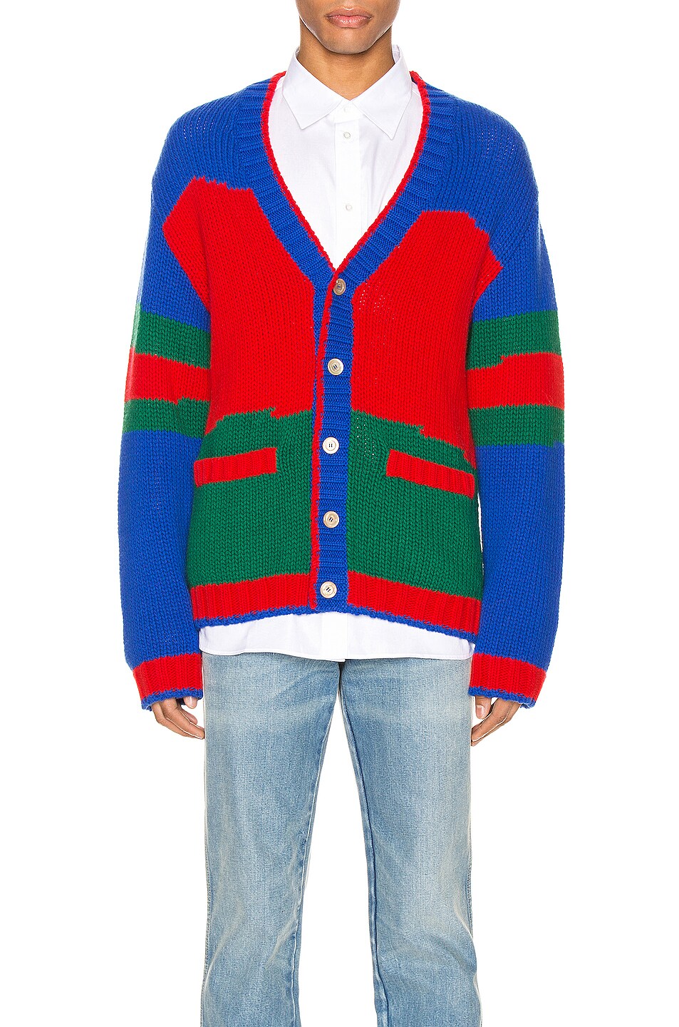 Image 1 of Gucci Oversize Striped Wool Cardigan in Live Red & Ink & Multi