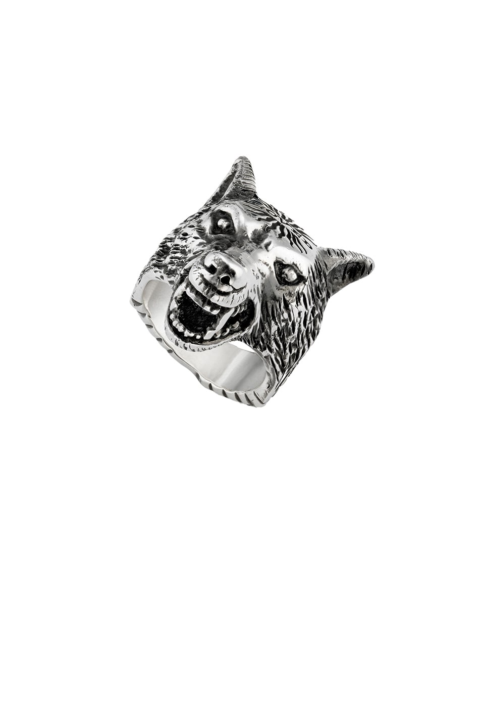 Image 1 of Gucci Anger Forest Wolf Head Ring in Sterling Silver & Black