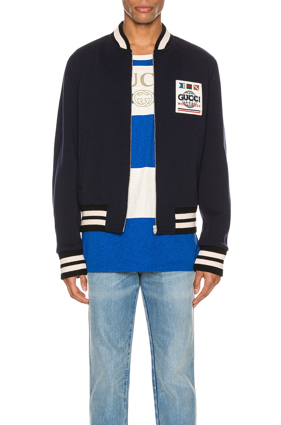 Image 1 of Gucci Jersey Wool Bomber Jacket in Vivid Blue & Mix
