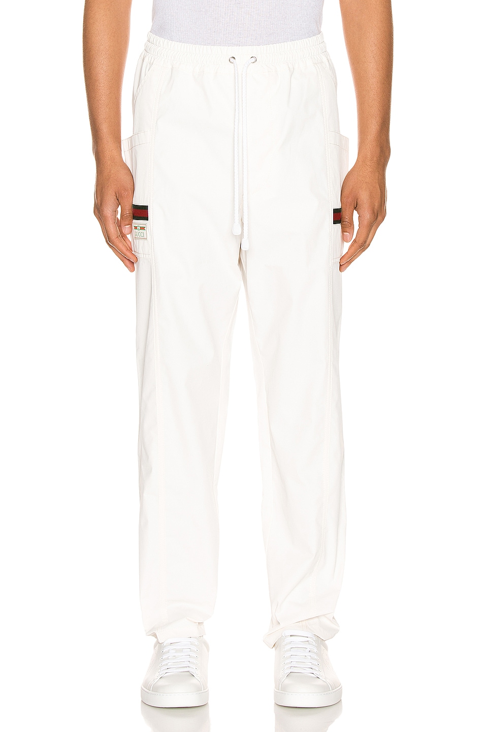 Gucci Cotton Canvas Pant With Gucci Label in White & Multi | FWRD