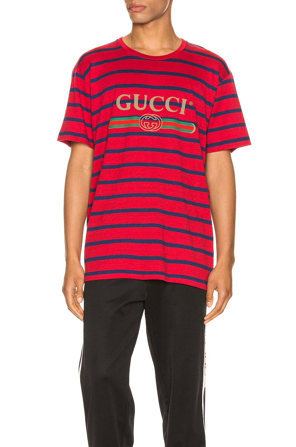 Image 1 of Gucci Logo Striped Tee in Red & Inchiostro & MC