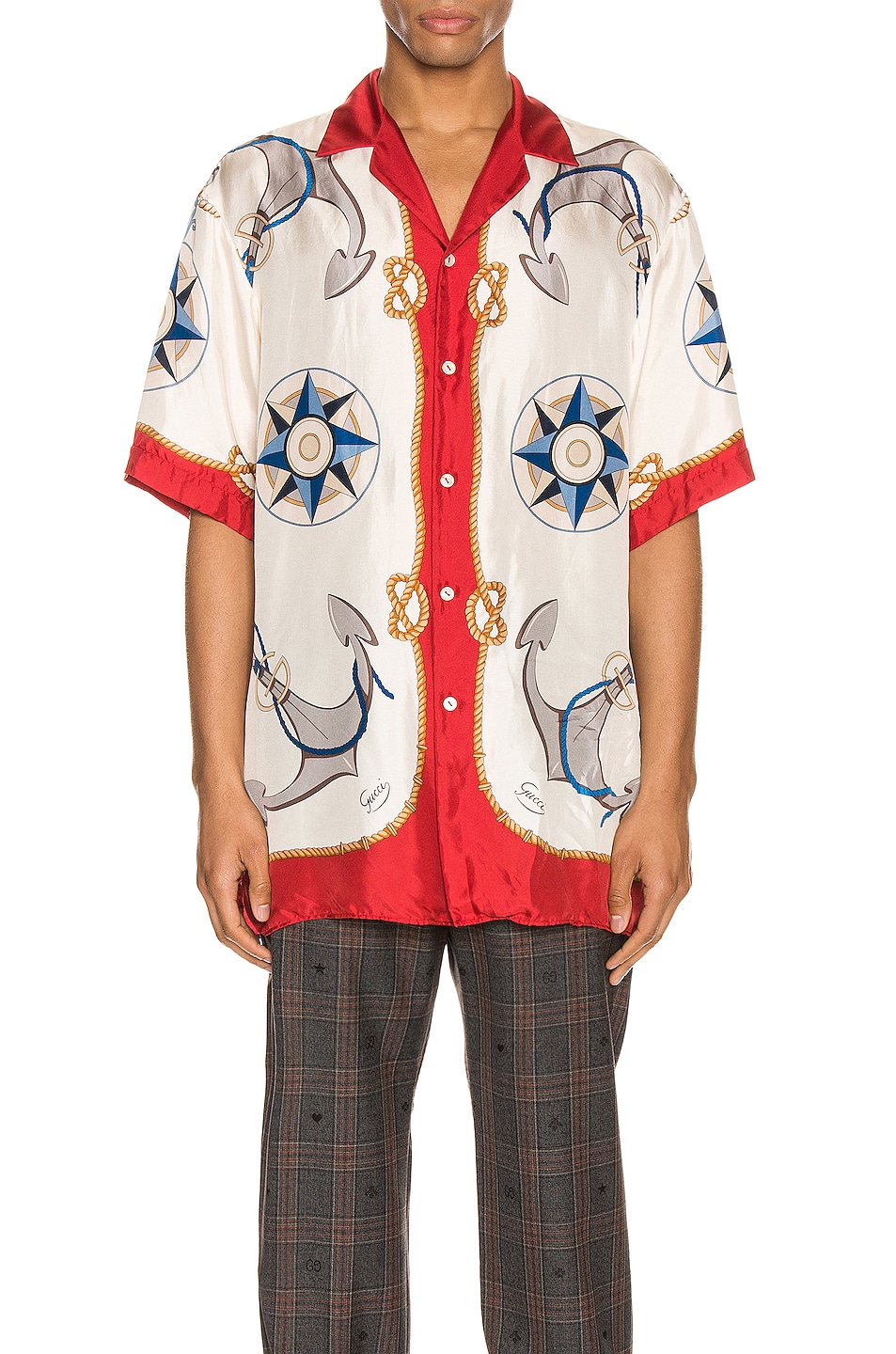 Image 1 of Gucci Nautical Print Oversize Bowling Shirt in Live Red & Ivory Print