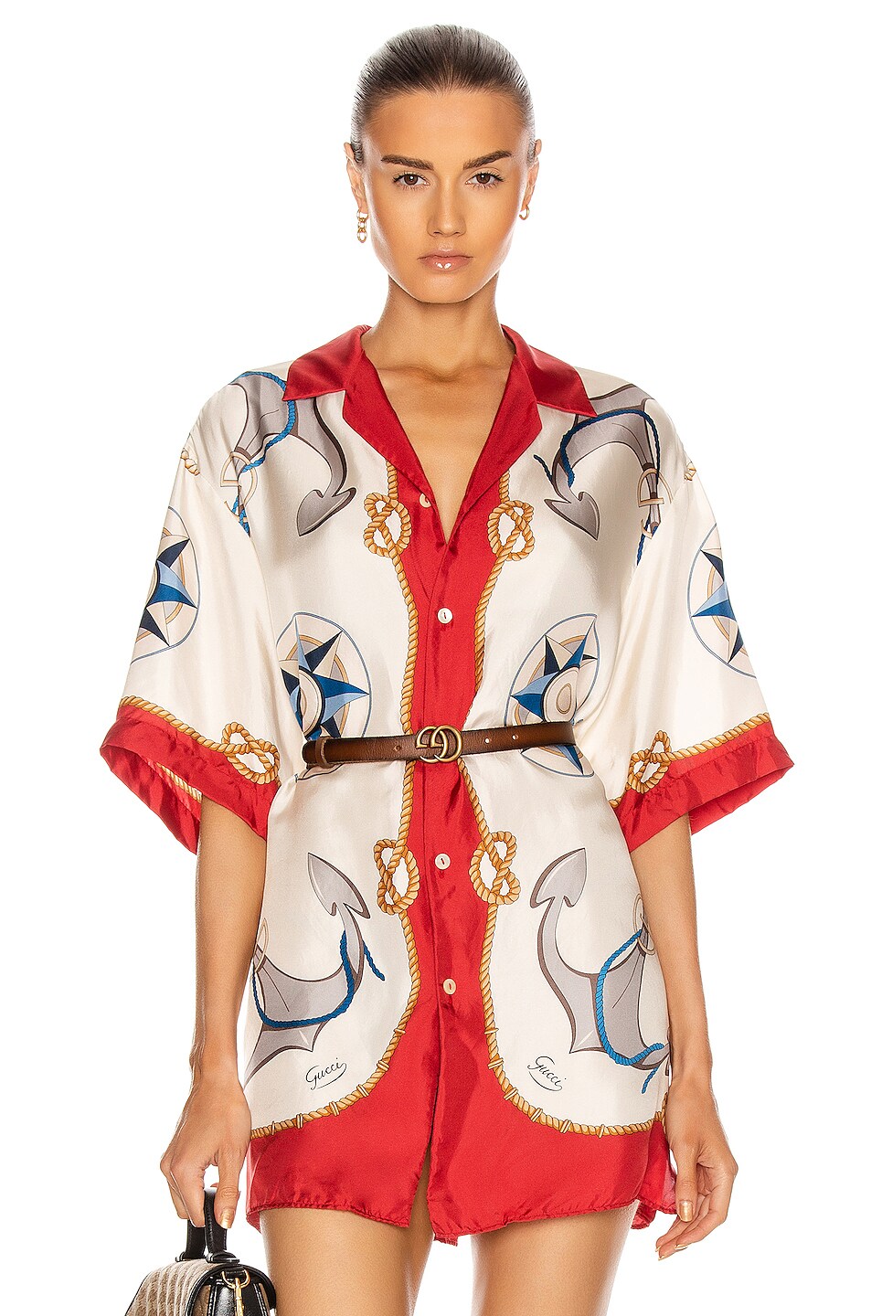 Image 1 of Gucci Nautical Print Oversize Bowling Shirt in Live Red & Ivory Print