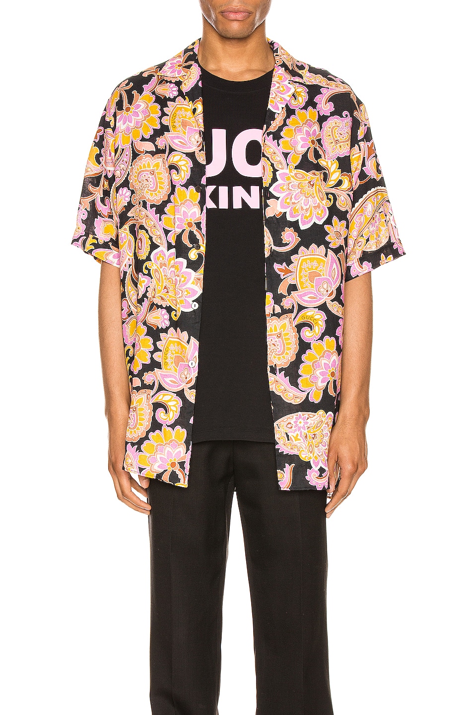 Image 1 of Gucci Short Sleeve Button Down in Black & Crop Printed
