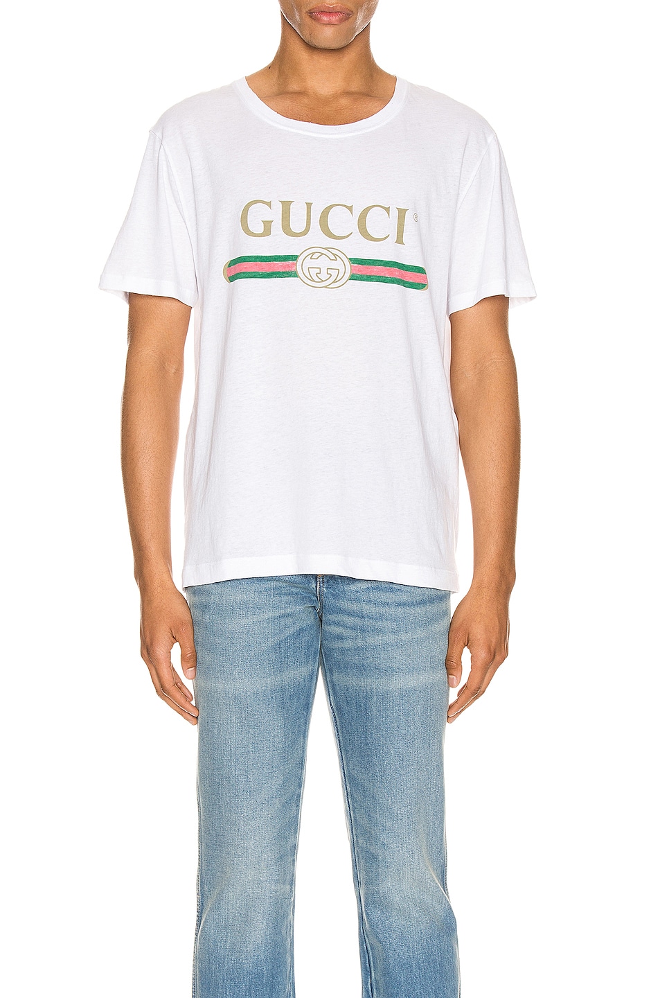 Image 1 of Gucci Logo Oversize Washed Tee in White & Green & Red & Gold