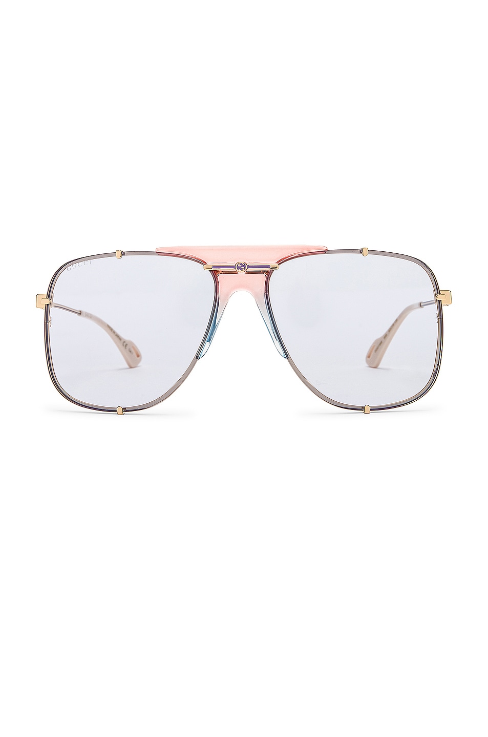 Image 1 of Gucci Embellished Pilot Oversized Square Sunglasses in Shiny Gold & Light Blue